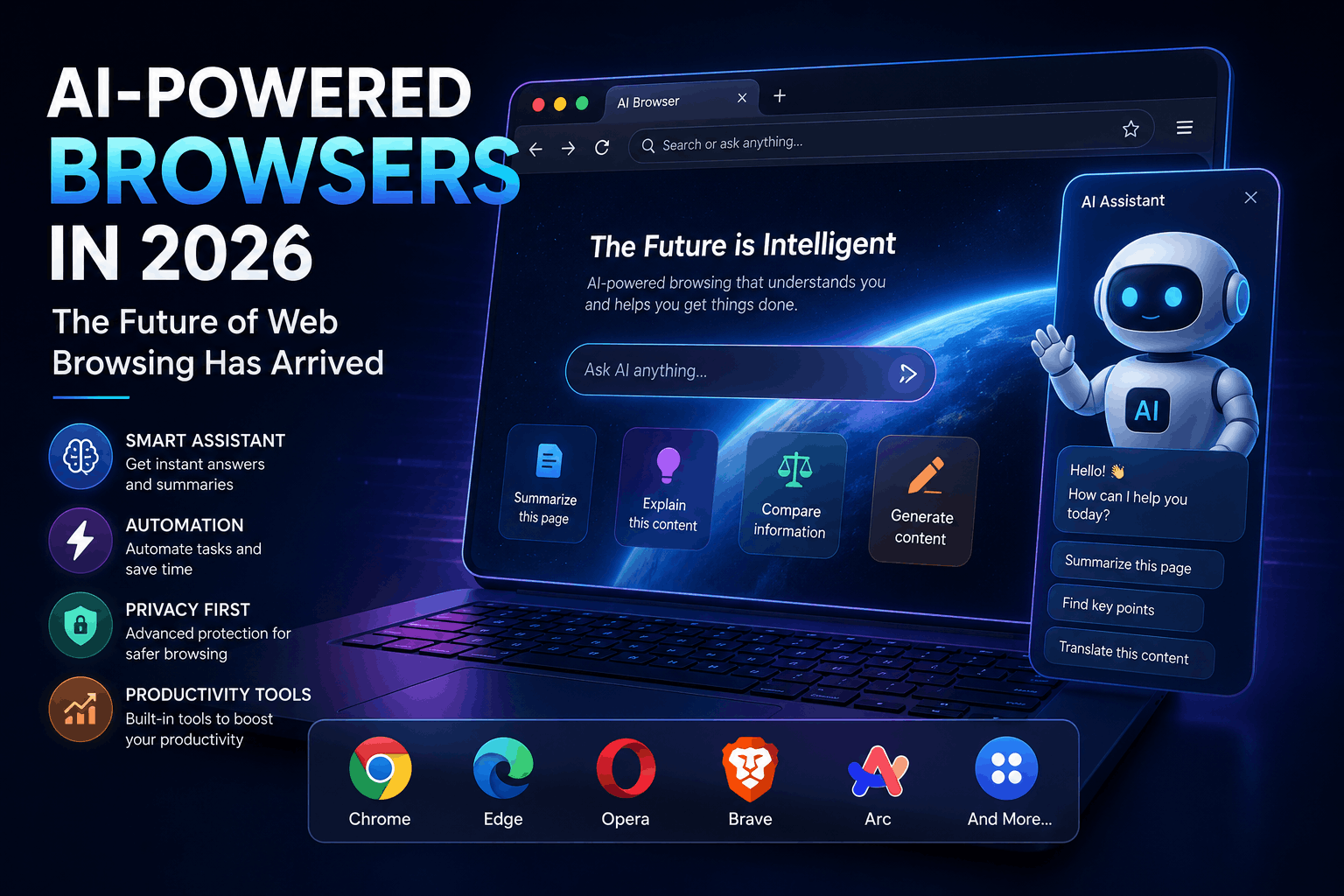 AI-powered browser displaying smart search, automation, and productivity features