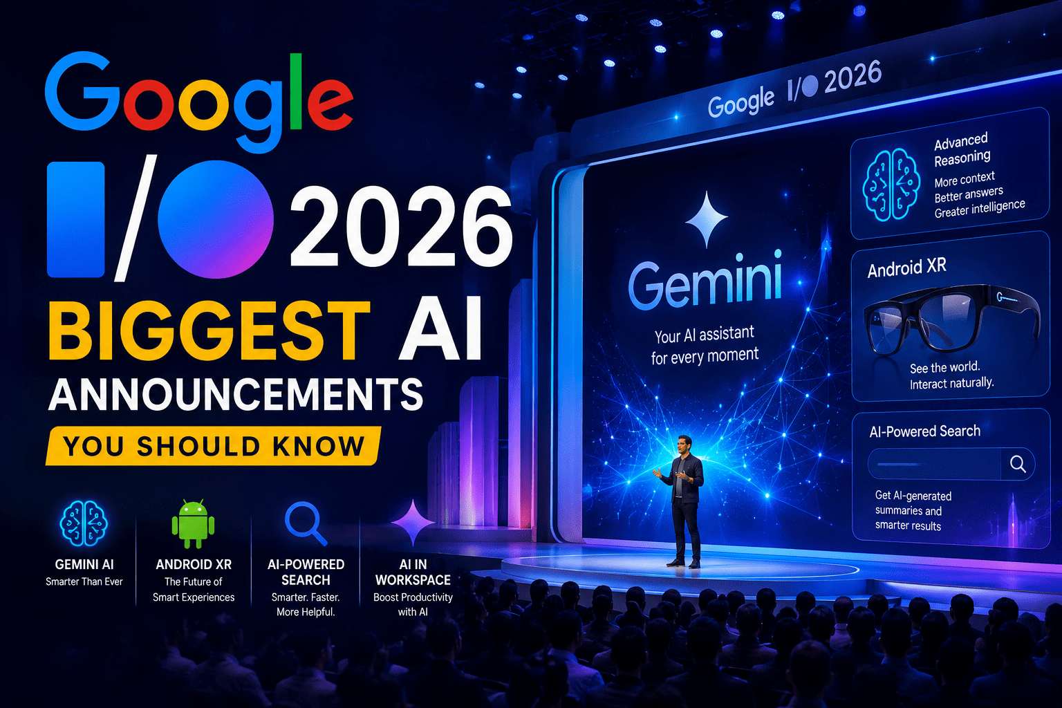 Google I/O 2026 conference showcasing Gemini AI, Android XR, and the latest artificial intelligence announcements.