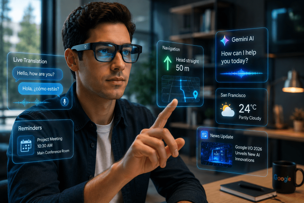 Person using Android XR smart glasses with Gemini AI, live translation, navigation, and AI features showcased at Google I/O 2026.