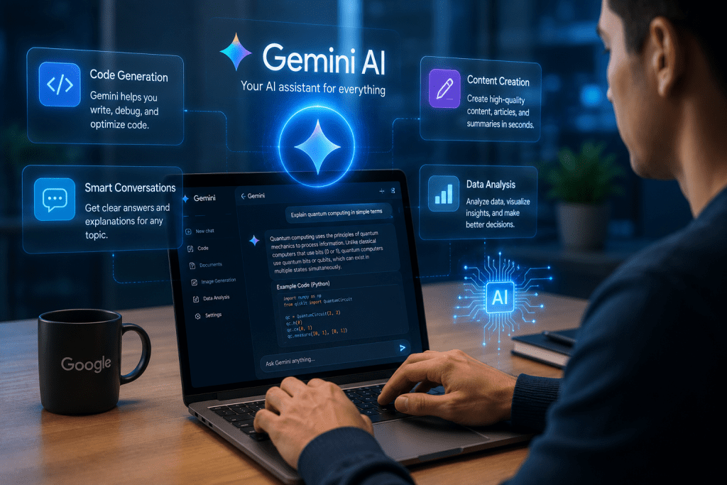 Google I/O 2026 showcasing Gemini AI with futuristic interface, AI-powered search, and next-generation technology.
