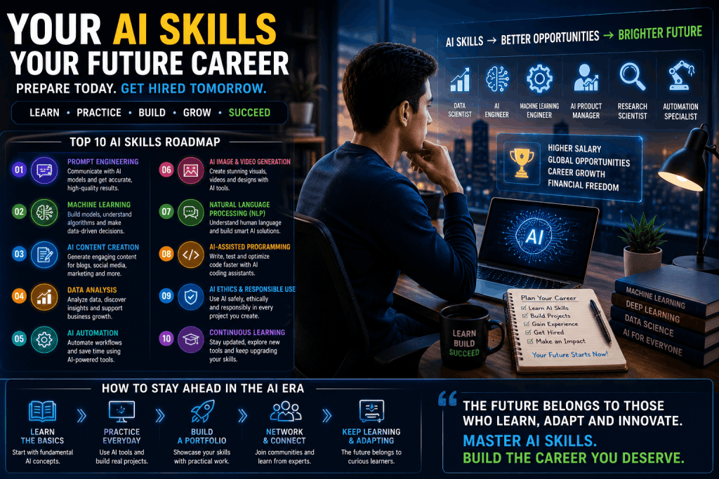 AI career roadmap showing the top AI skills for jobs in 2026, including prompt engineering, machine learning, AI automation, data analysis, NLP, and continuous learning.