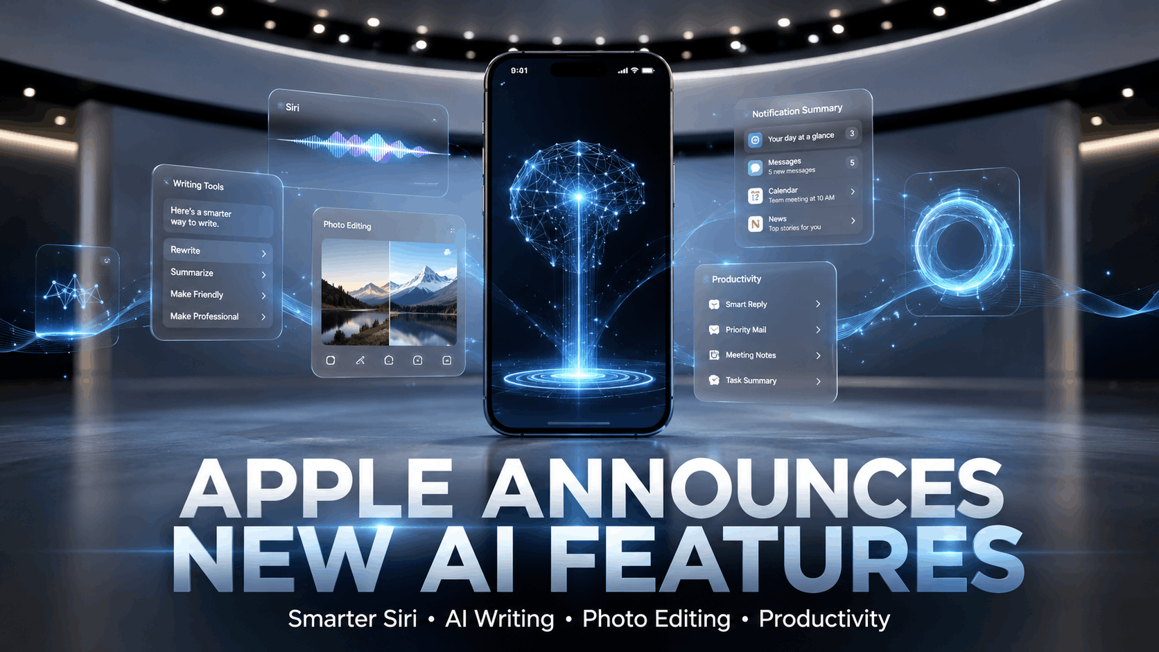 Apple AI features for iPhone showcasing smarter Siri, AI writing tools, intelligent photo editing, and productivity enhancements.