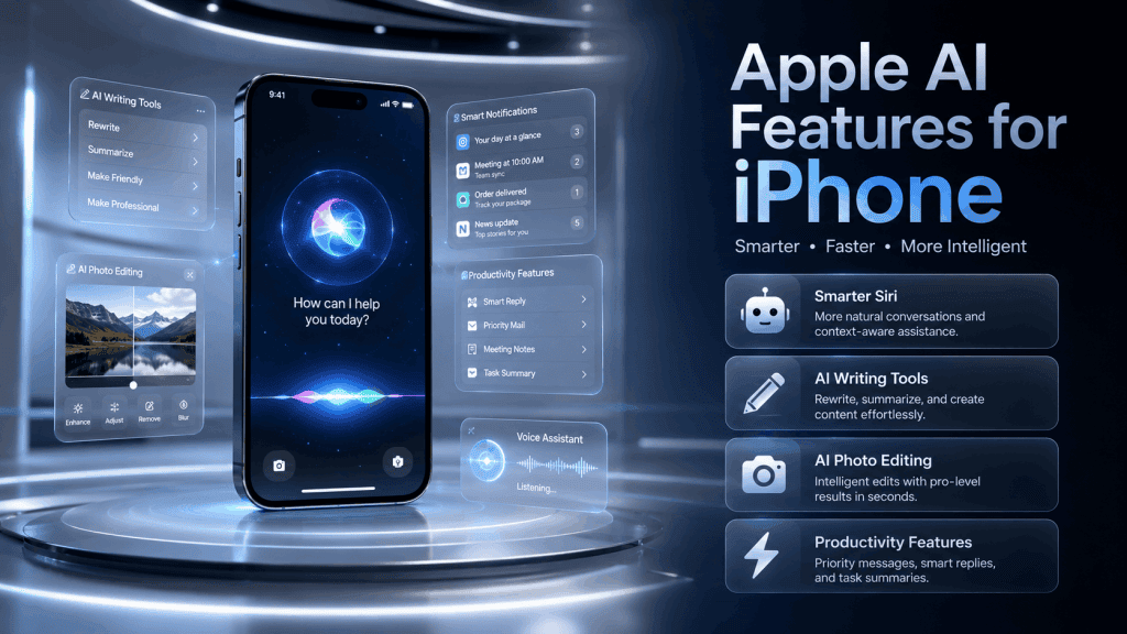 Apple iPhone displaying smarter Siri, AI writing tools, intelligent photo editing, and productivity features powered by Apple AI.