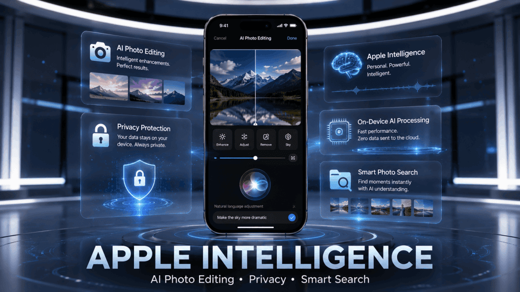 Apple Intelligence infographic showcasing AI photo editing, privacy protection, smart photo search, and on-device AI processing on iPhone.