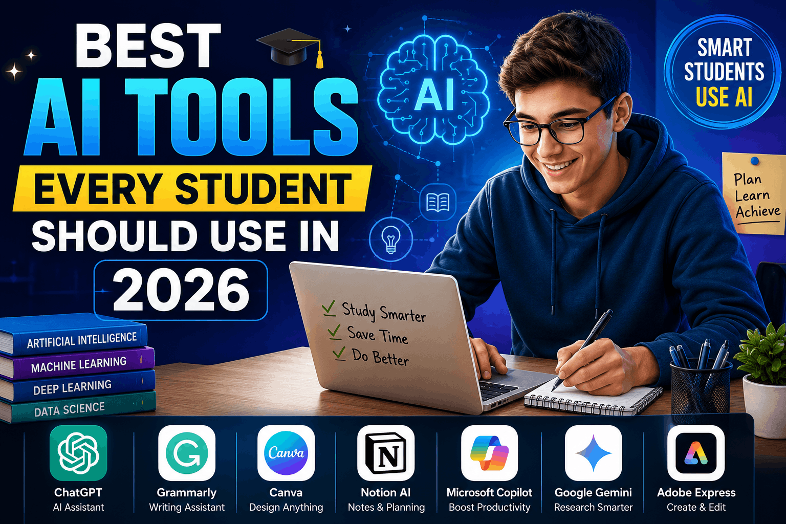Student using the best AI tools in 2026 including ChatGPT, Grammarly, Canva, Notion AI, Microsoft Copilot, Google Gemini, and Adobe Express for smarter learning.