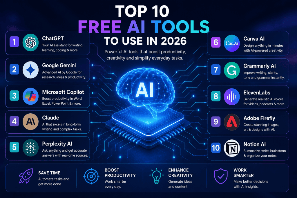 Professional using the best AI tools in 2026 to improve productivity, writing, research, design, and business workflows.