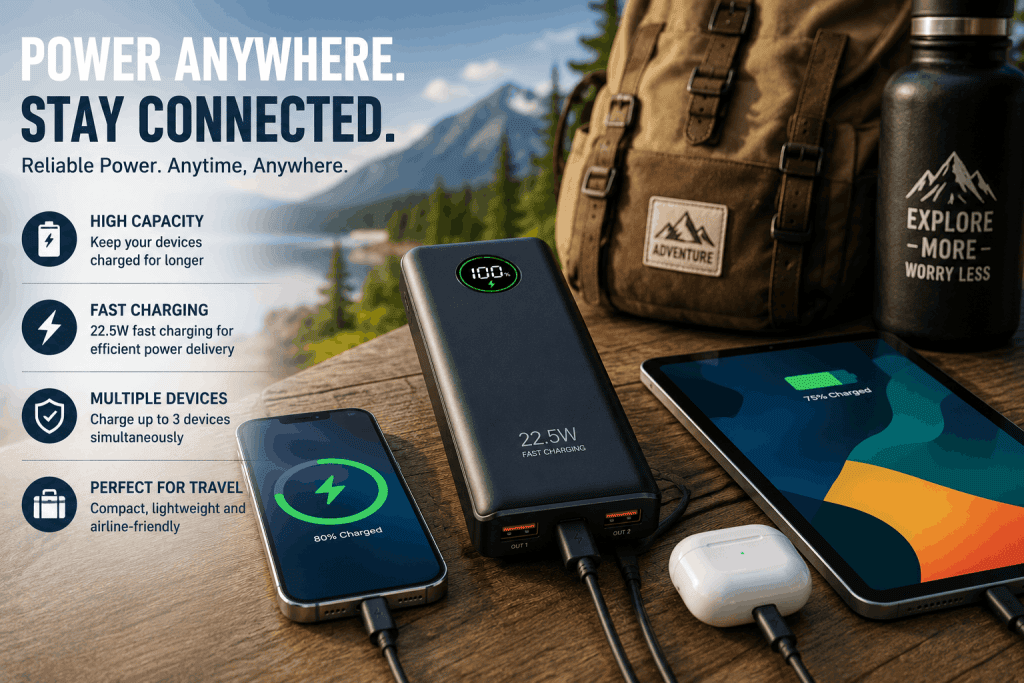 Fast charging power bank with USB-C and multiple charging ports