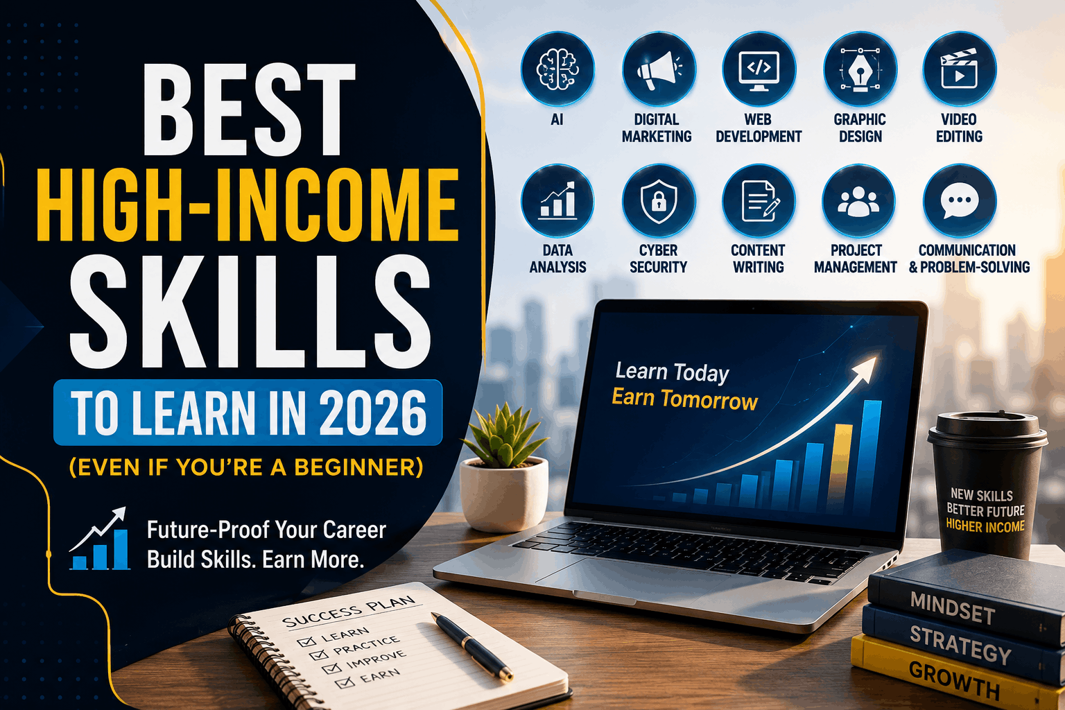 Best high-income skills to learn in 2026 including AI, digital marketing, web development, cybersecurity, and content writing for career growth.