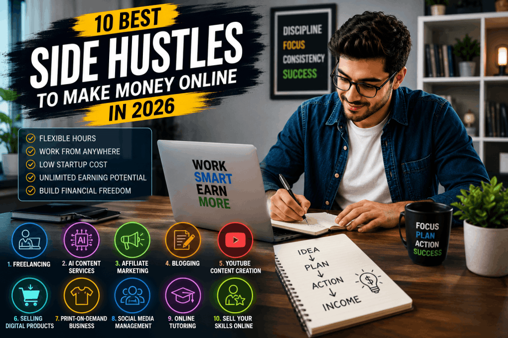 Professional freelancer building multiple online income streams through affiliate marketing, blogging, AI services, freelancing, and digital products in 2026.
