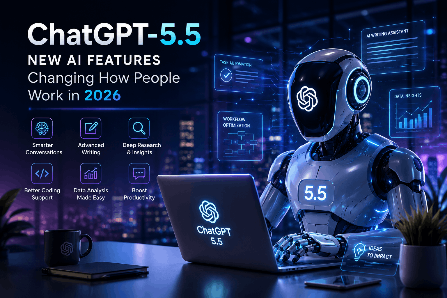ChatGPT-5.5 AI assistant showcasing new features that improve productivity, writing, coding, and business workflows in 2026.