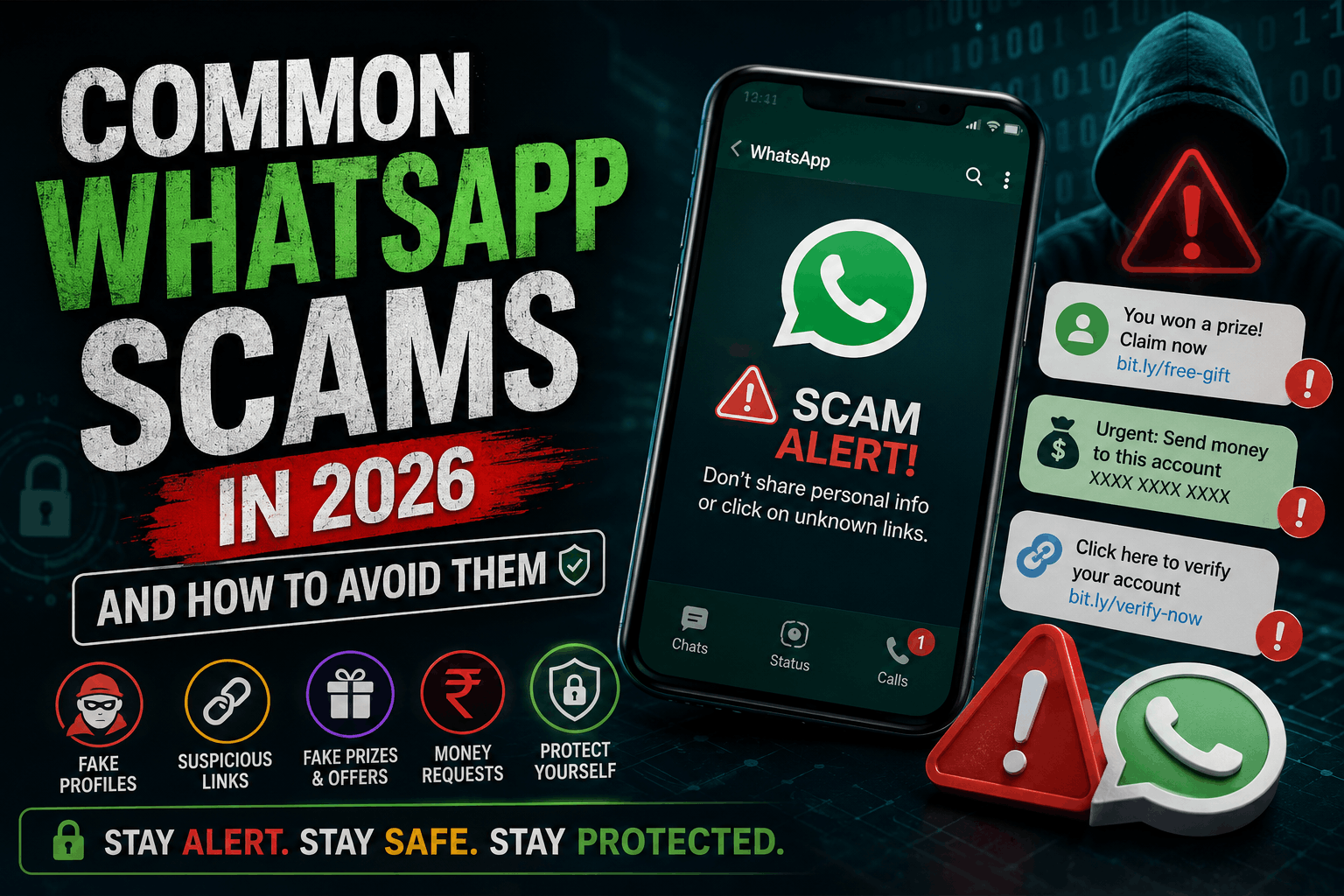 Smartphone showing a WhatsApp scam warning with phishing messages, fake links, and online fraud alerts to help users stay safe in 2026.