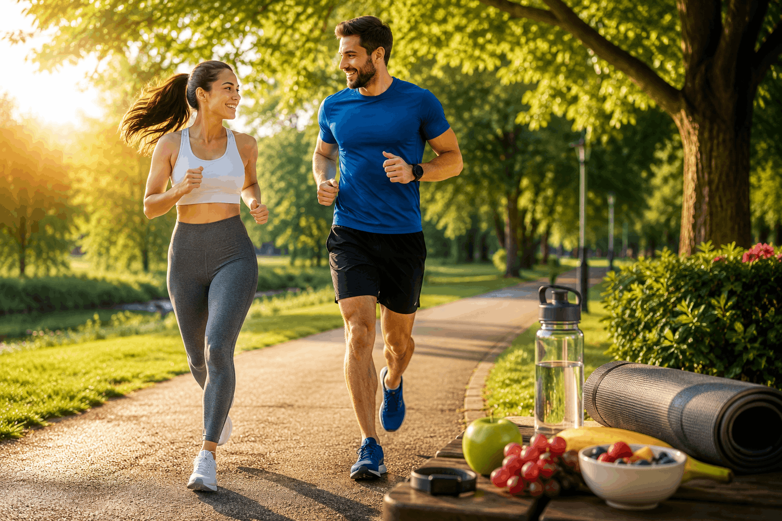 Healthy man and woman jogging in a park, representing daily healthy habits and an active lifestyle in 2026.