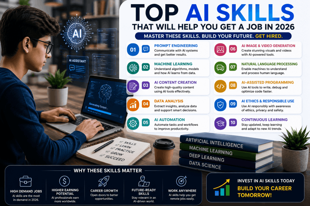 Professional using AI tools to develop in-demand skills like prompt engineering, machine learning, AI automation, data analysis, and content creation for future careers in 2026.