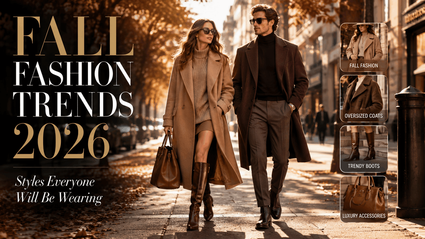 Fall Fashion Trends 2026 featuring stylish men's and women's autumn outfits, oversized coats, knitwear, boots, and luxury accessories.