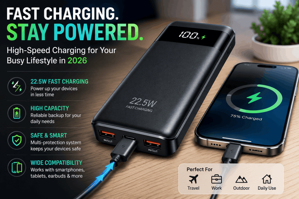 Fast charging power bank 2026 charging smartphone with USB-C fast charging