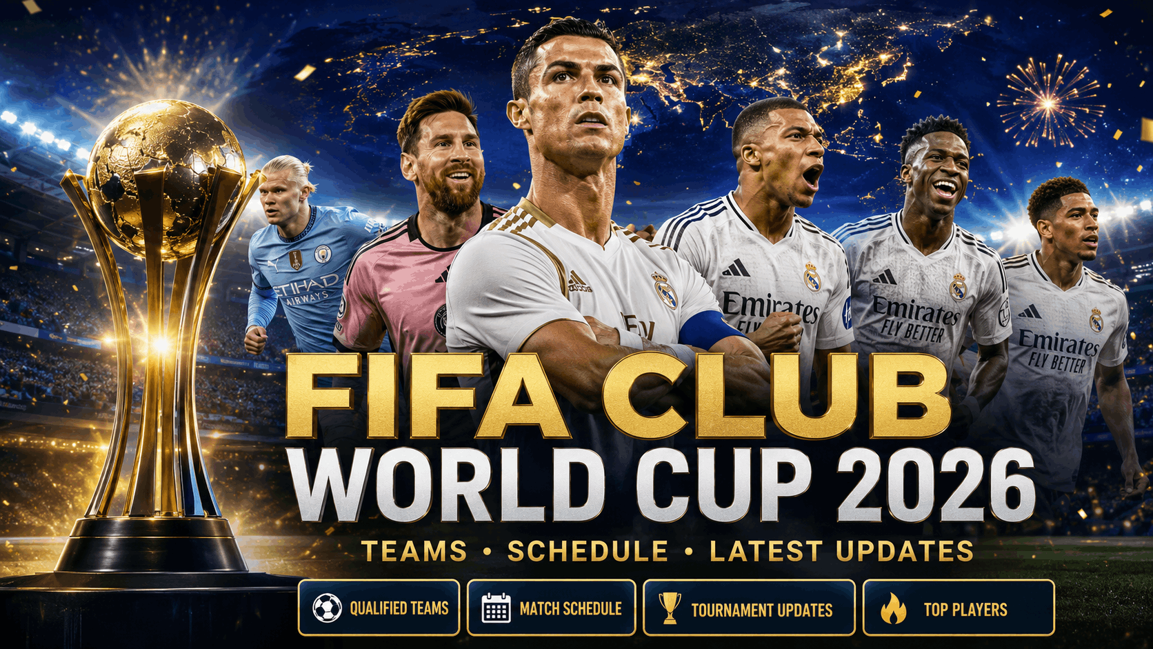 FIFA Club World Cup 2026 trophy with Cristiano Ronaldo, Lionel Messi, Erling Haaland, Kylian Mbappé, Vinícius Júnior, and Jude Bellingham highlighting the tournament teams, schedule, and latest updates.