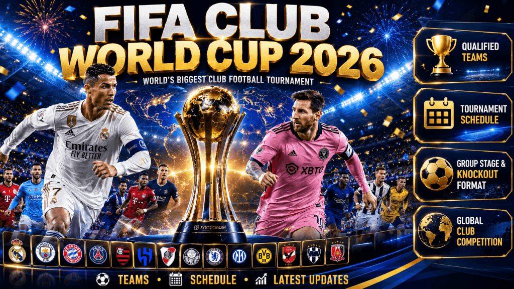 FIFA Club World Cup 2026 infographic featuring Cristiano Ronaldo, Lionel Messi, the championship trophy, qualified teams, tournament schedule, and global football competition.