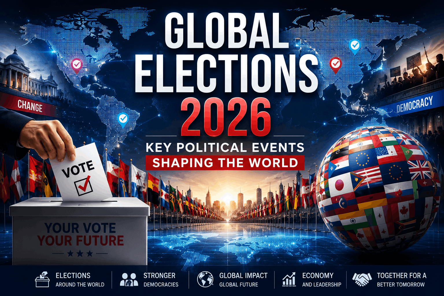 Global Elections 2026 featuring world leaders, voting process, government buildings, and international political events shaping the future.