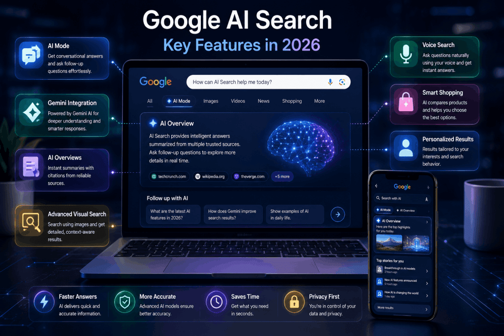 Google AI Search features in 2026 showing AI Mode, Gemini AI, AI Overviews, Visual Search, Voice Search, and smart search technology.