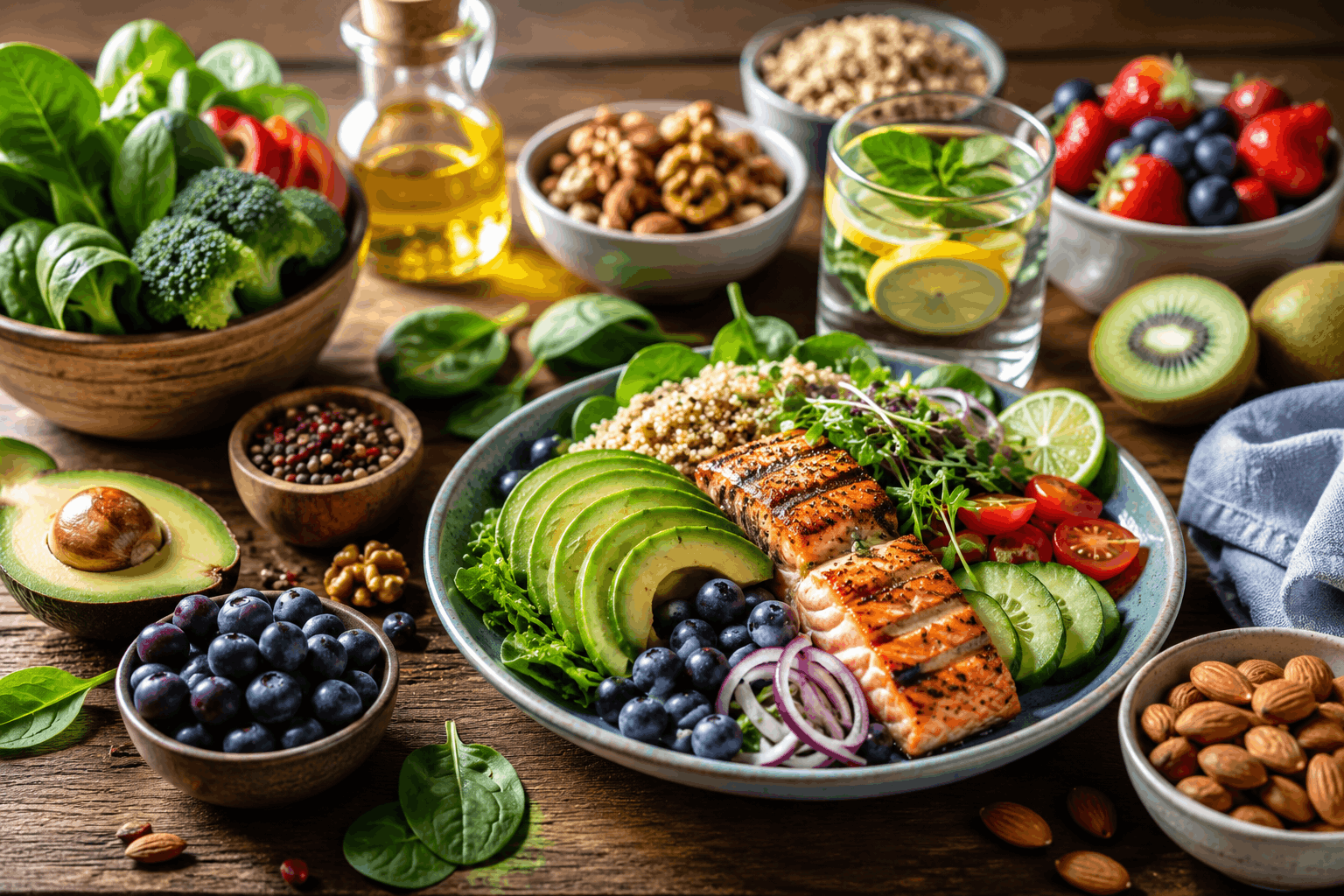 Healthy breakfast with superfoods including avocado toast, berries, yogurt, eggs and fresh orange juice