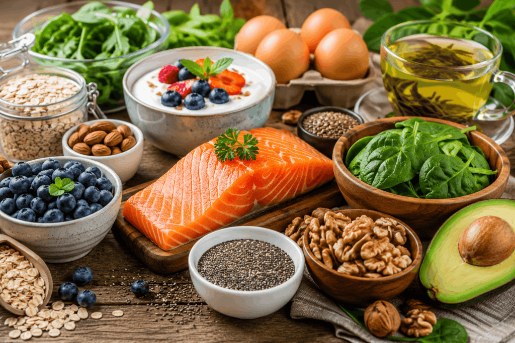 Healthy superfoods including salmon, walnuts, chia seeds, oats, spinach, avocado and blueberries on a wooden table