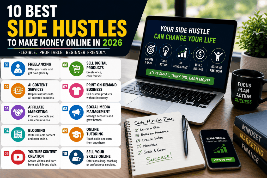 Step-by-step guide to building a successful online side hustle in 2026 through freelancing, affiliate marketing, blogging, digital products, AI services, and passive income.
