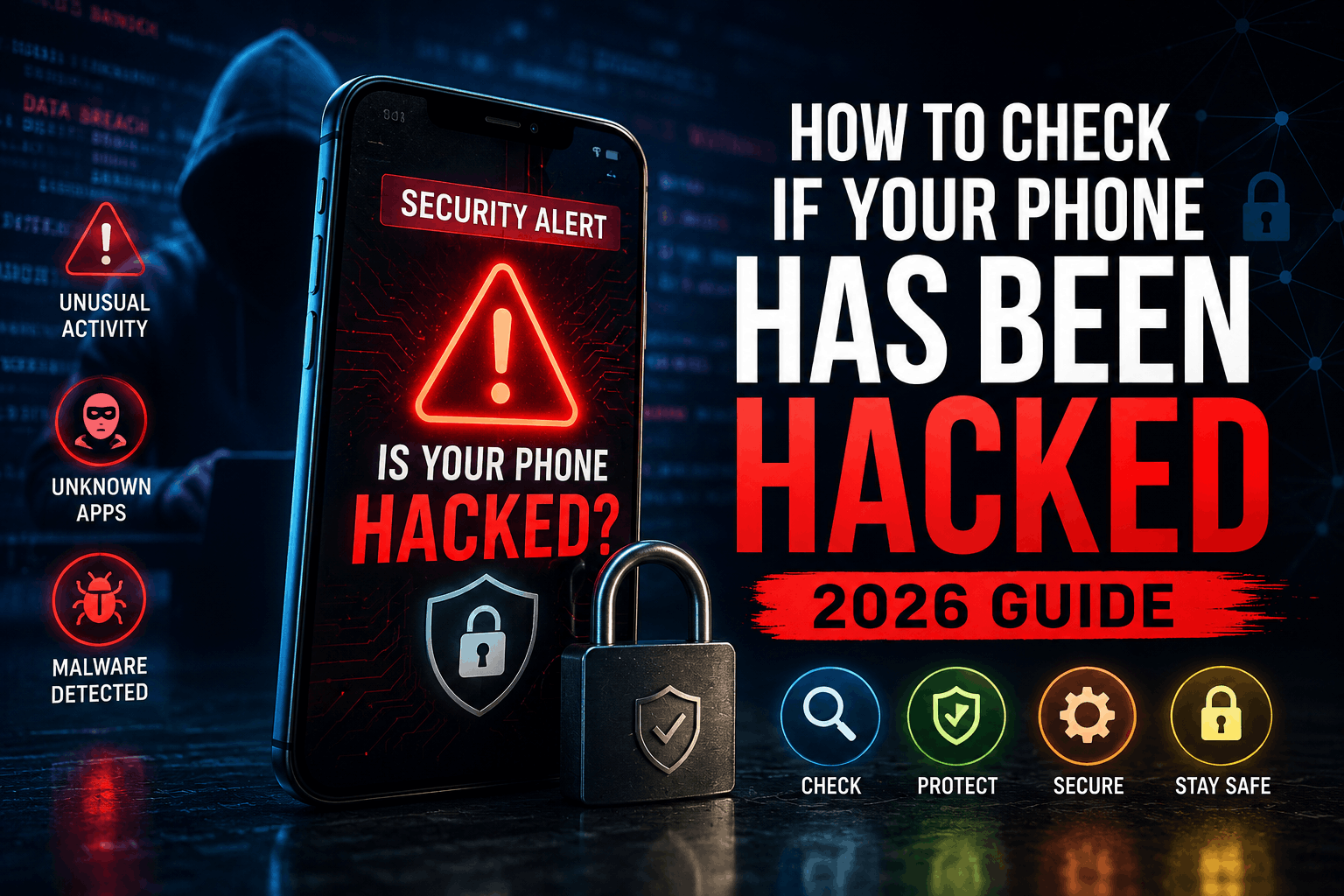 Cybersecurity illustration showing a smartphone under a digital hacking attack with security shield, warning icons, and protected user data.