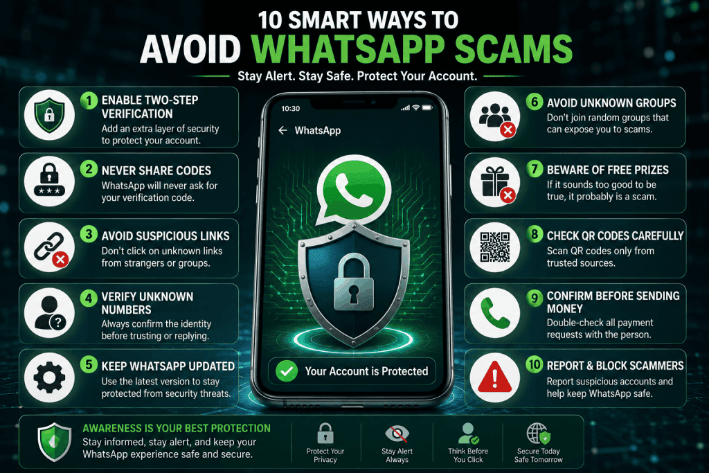 Cybersecurity illustration showing WhatsApp account protection with two-step verification, phishing protection, secure passwords, QR code safety, and online scam prevention.