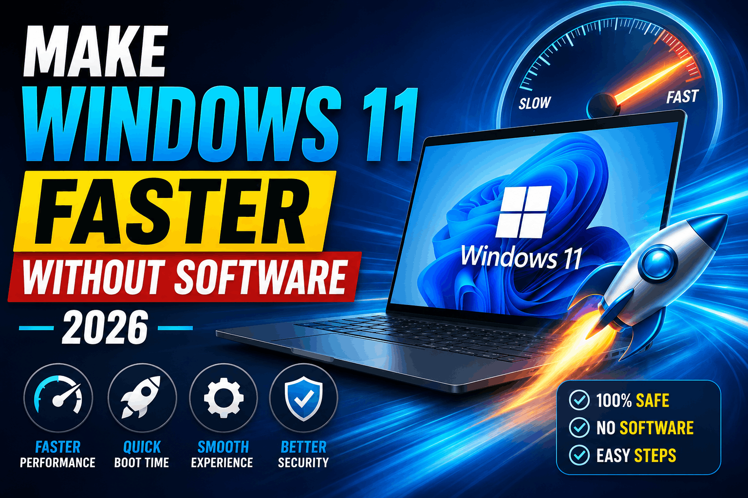 Windows 11 laptop displaying speed optimization settings with a performance boost dashboard to improve PC speed without installing software.
