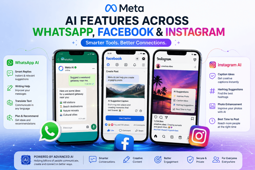 Meta AI features across WhatsApp, Facebook and Instagram with AI-powered tools for smarter communication and content creation.