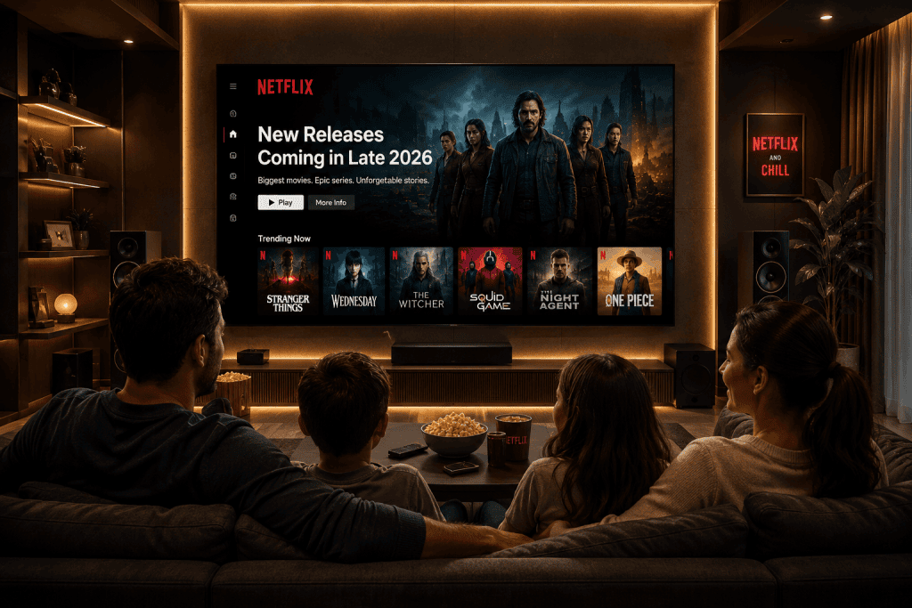 People enjoying Netflix on a modern smart TV with a premium home cinema setup, featuring comfortable seating and an immersive streaming experience.