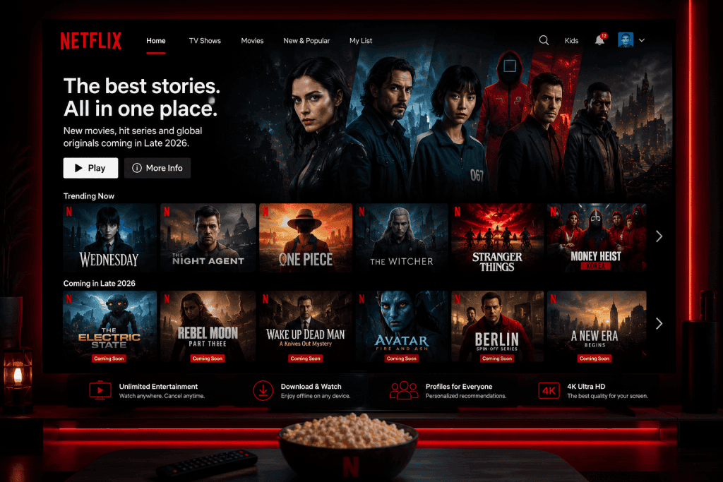 Netflix streaming platform showcasing trending movies, popular TV series, and global entertainment on a modern smart TV interface in 2026.