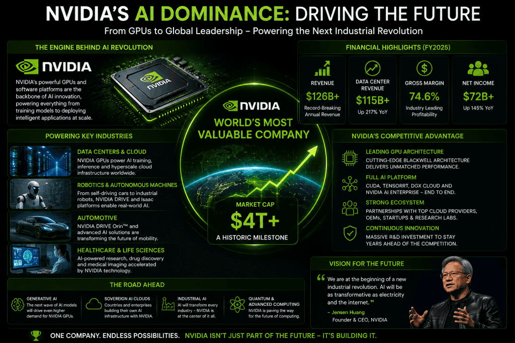 NVIDIA AI dominance in 2026 showcasing GPU innovation, data centers, robotics, cloud computing, and future AI technologies.