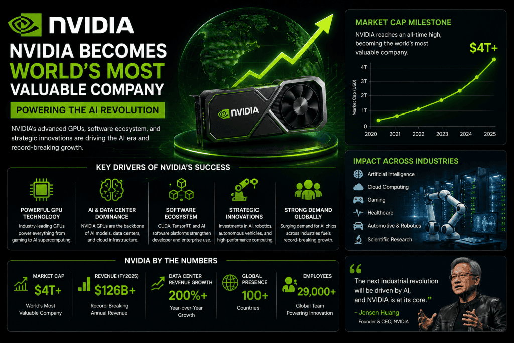 NVIDIA becomes the world's most valuable company as AI demand surges with record market cap growth in 2026.