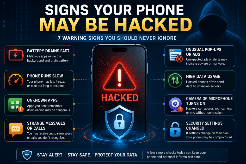 Smartphone showing low battery and cybersecurity warning signs that may indicate malware or hacking activity.