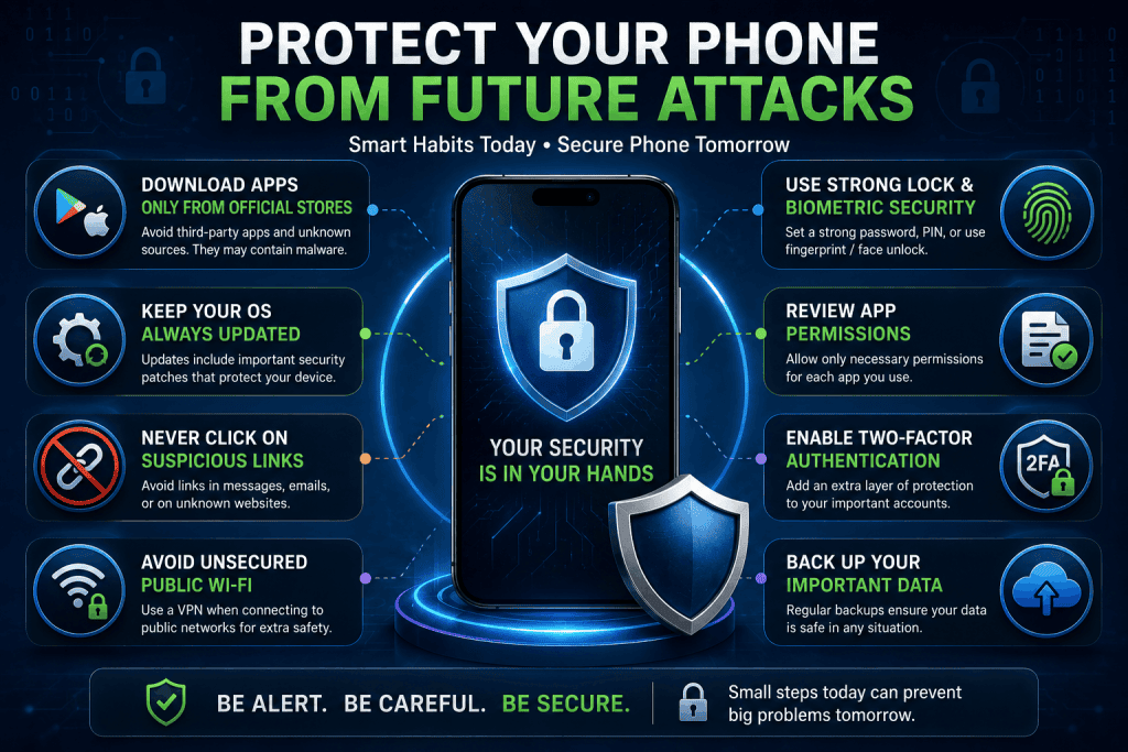 Infographic showing the best cybersecurity practices to protect your smartphone from hacking, malware, phishing, and future cyber attacks in 2026.