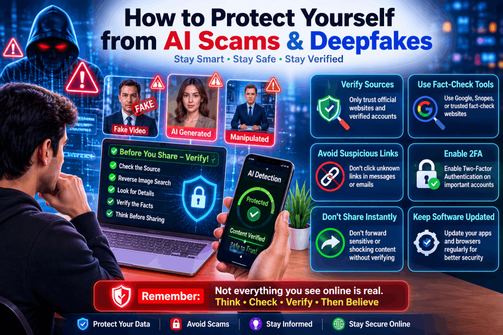 Person protecting themselves from AI scams by verifying fake images, checking trusted sources, using two-factor authentication, and avoiding suspicious links.