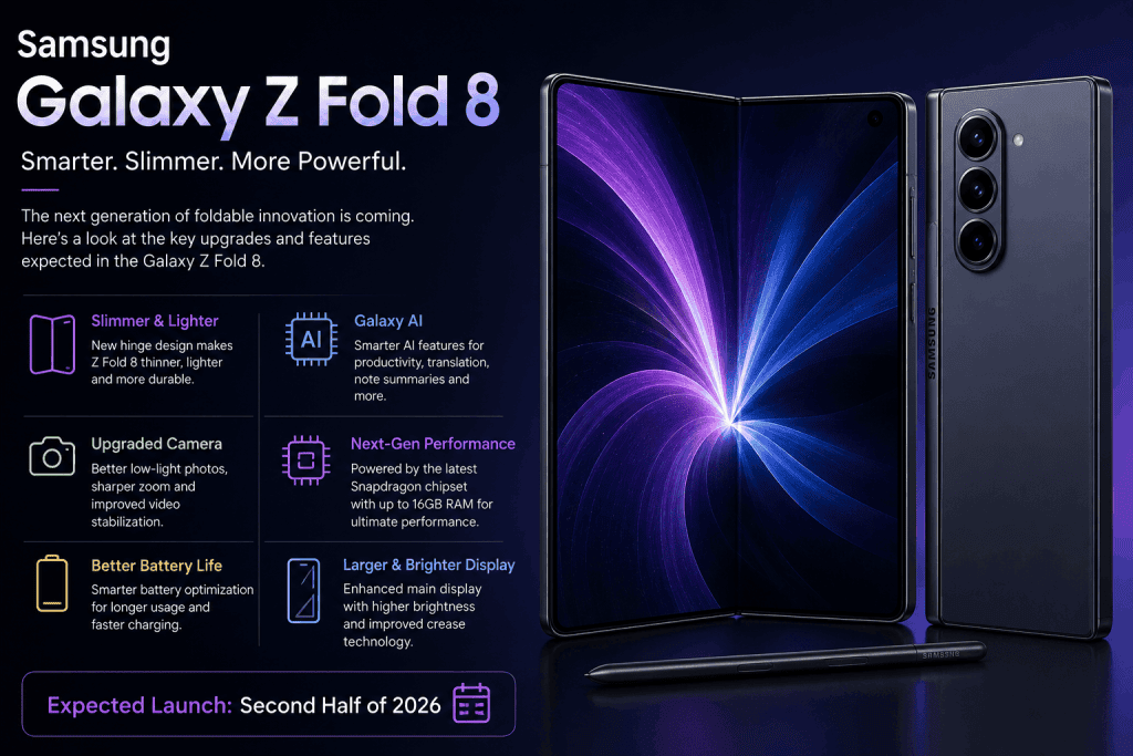 Samsung Galaxy Z Fold 8 showing slimmer foldable design, Galaxy AI features, upgraded camera, and premium flagship smartphone design.