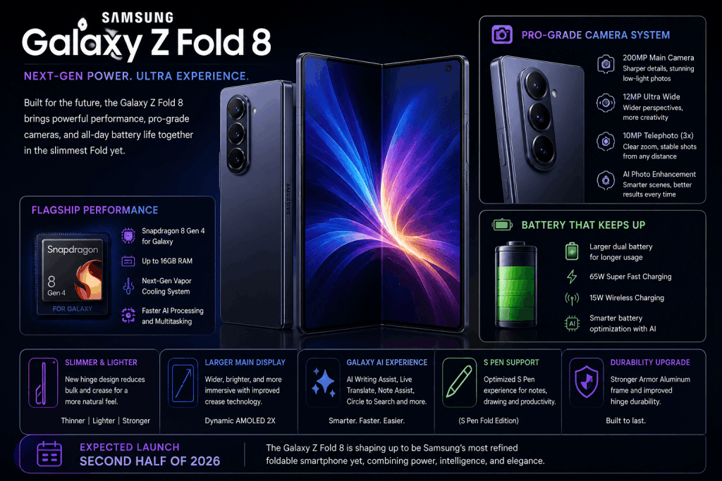 Samsung Galaxy Z Fold 8 showcasing flagship Snapdragon performance, Galaxy AI features, pro-grade camera system, long battery life, and foldable innovation.