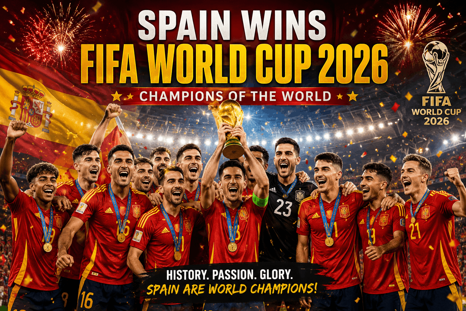 Spain celebrating after winning the FIFA World Cup 2026 Final with players lifting the championship trophy in a packed stadium.