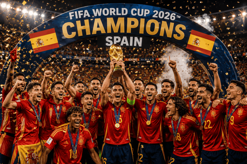 Spain players celebrating their historic FIFA World Cup 2026 victory while lifting the World Cup trophy after defeating Argentina in the final.
