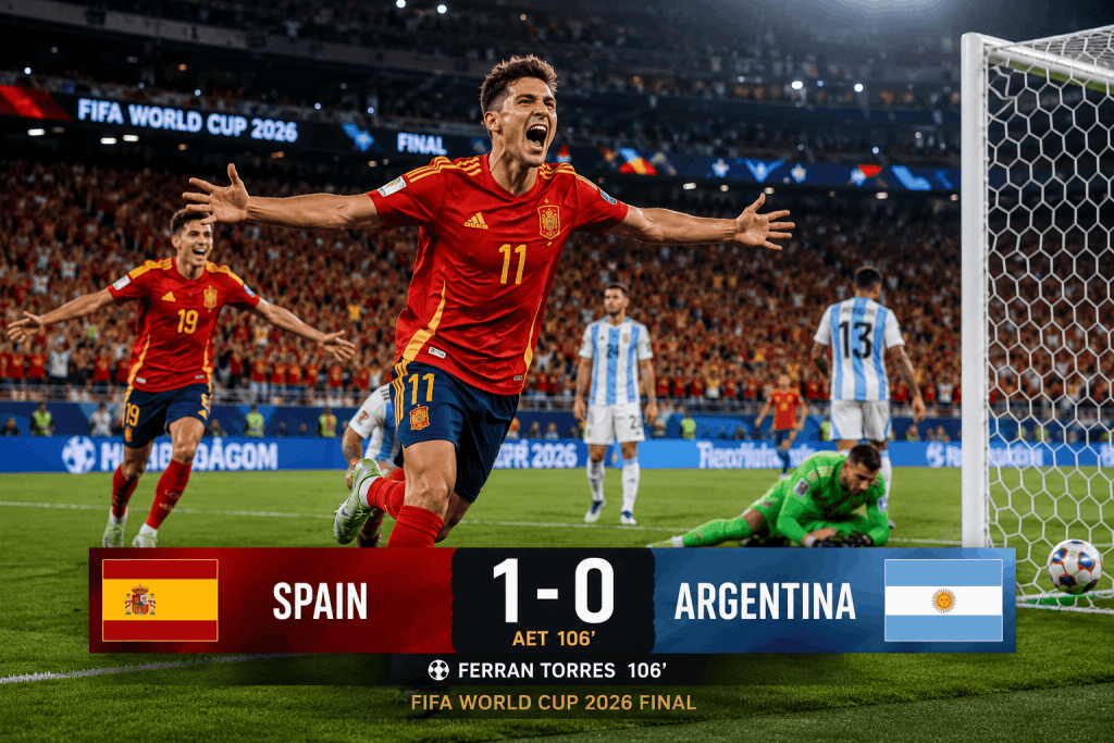 Spain players celebrating with the FIFA World Cup 2026 trophy after defeating Argentina in the final.