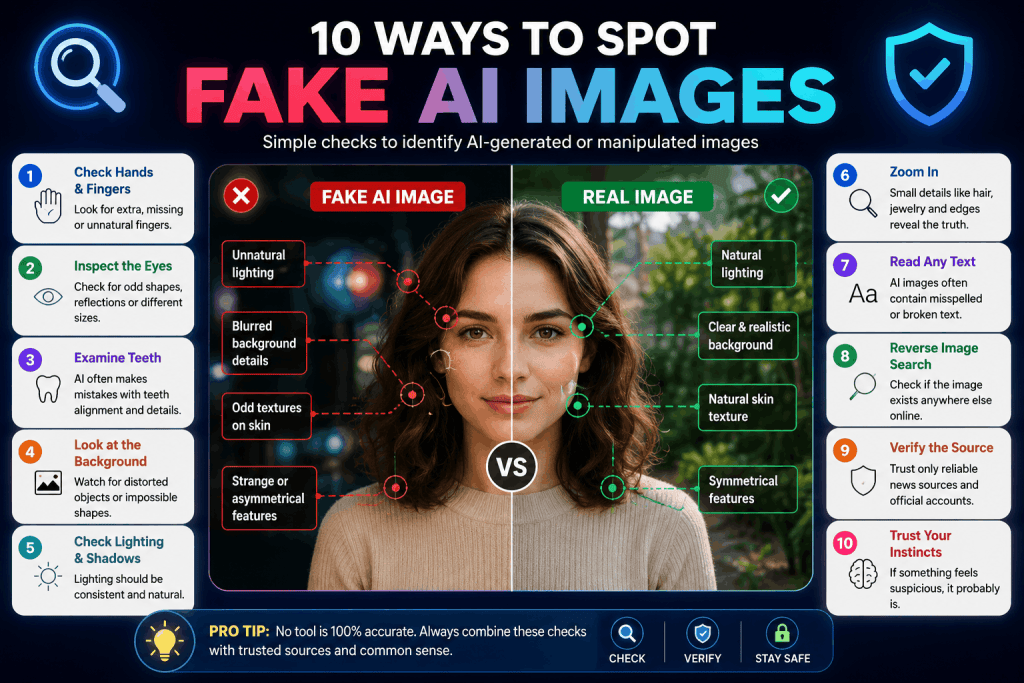 Comparison between a fake AI-generated image and a real photo showing common signs such as unnatural lighting, distorted hands, blurry background, and incorrect facial details.