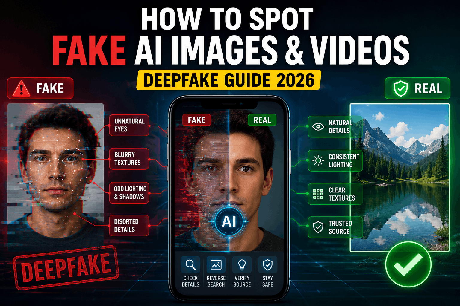 Person analysing a fake AI-generated image and deepfake video using digital verification tools on a secure computer screen.