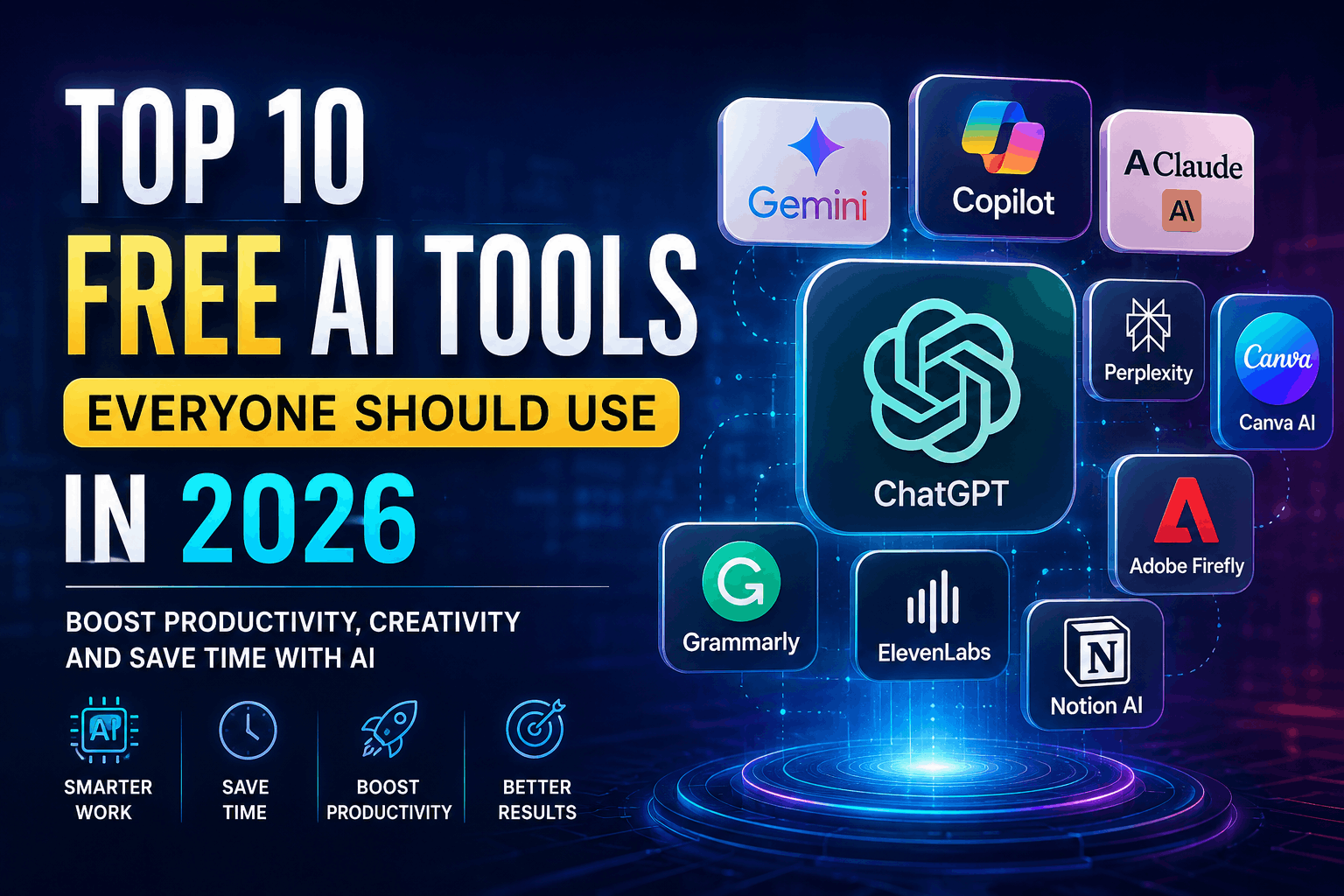 Top 10 free AI tools everyone should use in 2026 including ChatGPT, Google Gemini, Claude, Microsoft Copilot, Canva AI, and Perplexity AI.
