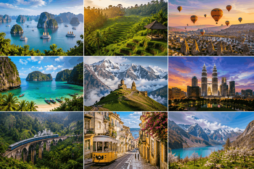 Luxury travel collage featuring Vietnam, Bali, Turkey, Thailand, Georgia, Malaysia, Sri Lanka, Portugal, and Pakistan as affordable travel destinations in 2026.