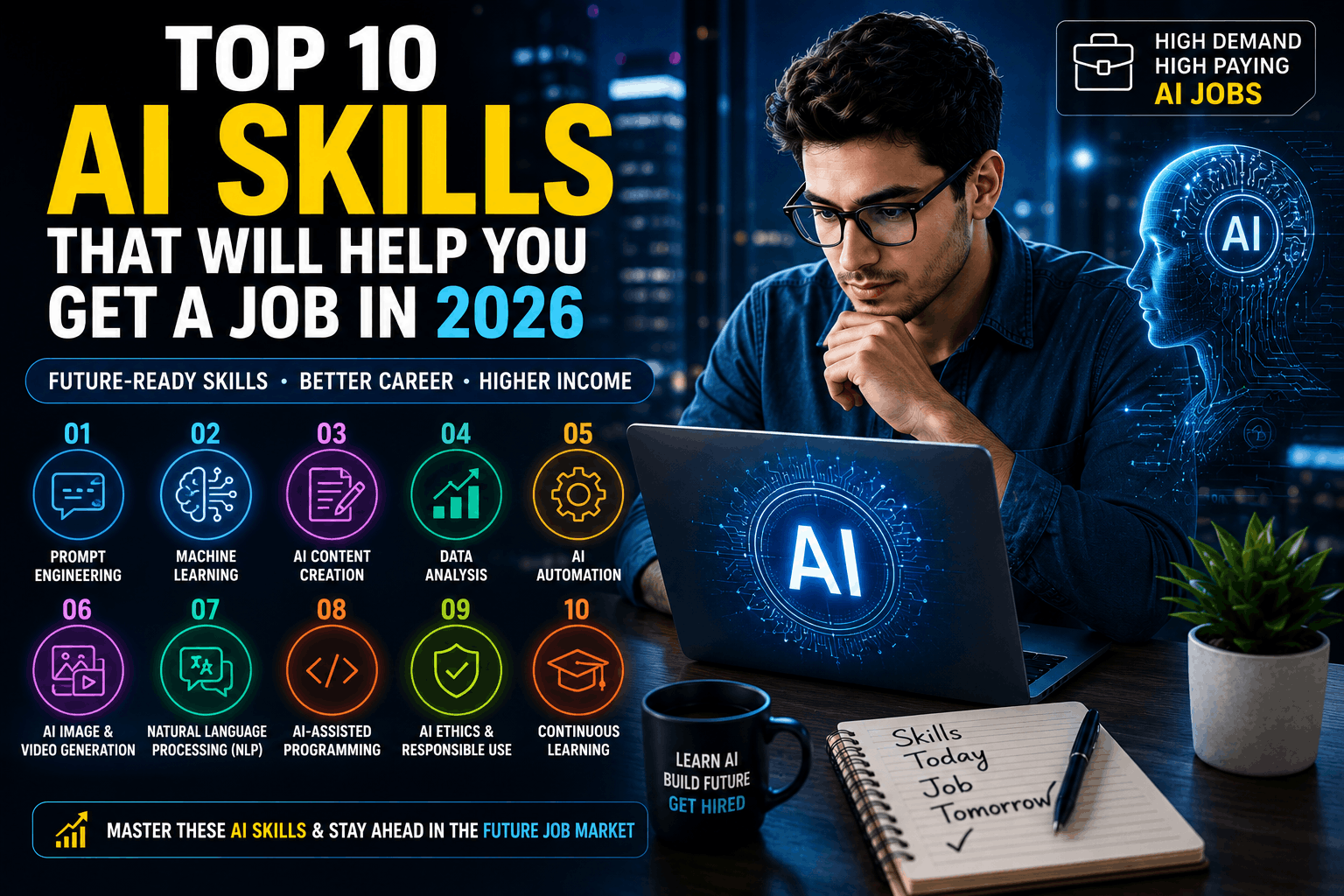 Professional illustrating the top AI skills for jobs in 2026, including prompt engineering, machine learning, AI automation, data analysis, and artificial intelligence career growth.