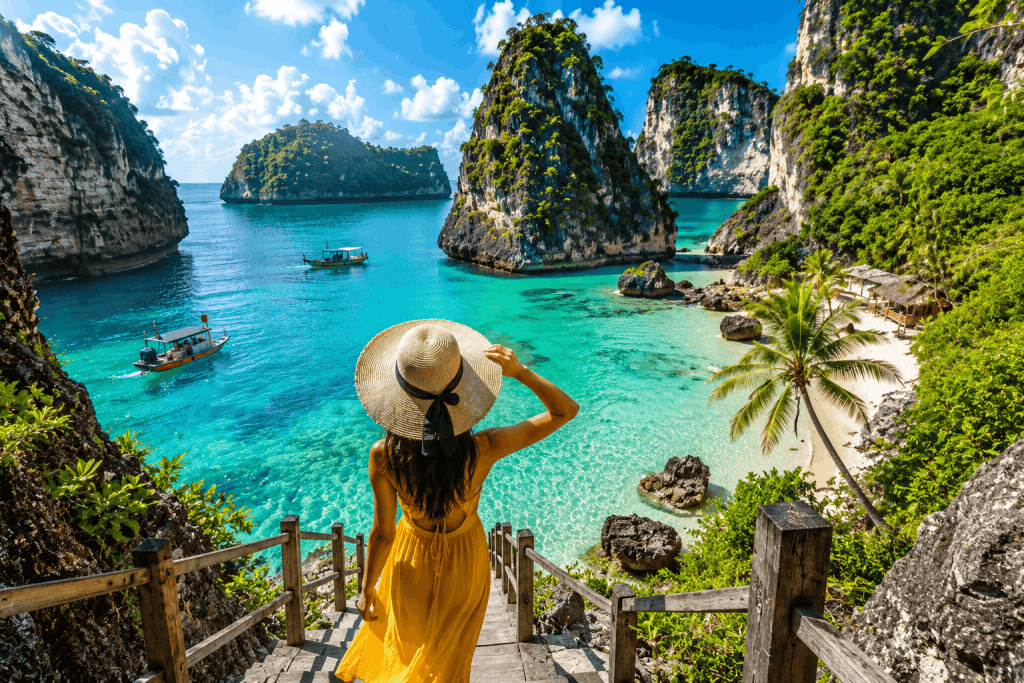 Traveler overlooking a stunning tropical beach with crystal-clear water, representing affordable travel destinations in 2026.