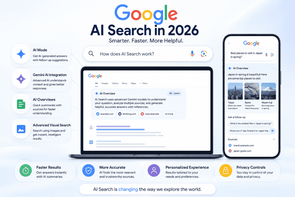 Google AI Search interface showing AI Mode, Gemini AI integration, smart search results, and AI Overviews in 2026.