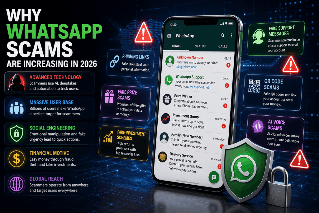 WhatsApp security illustration showing phishing messages, fake support accounts, QR code scams, and AI voice scam threats in 2026.